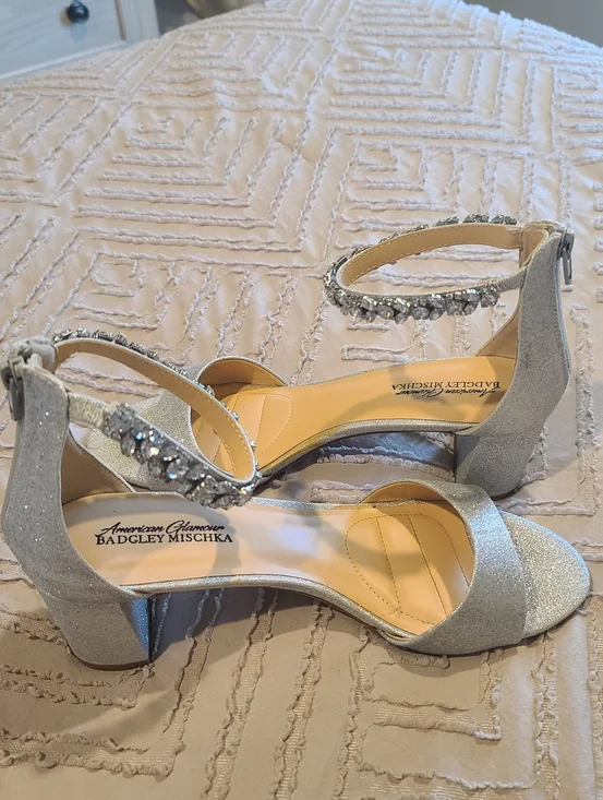 Badgley Mischka Silver Jeweled Ankle-Strap Block Heel - Picture 2 of 9